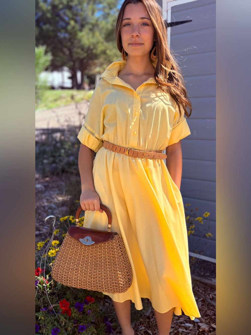 Vintage Yellow Button-Front Shirt Dress with pockets